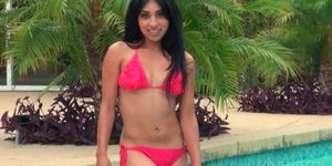 Gorgeous latina takes off her swim suit by the pool - video 1