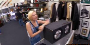 Babe sells her BFs subwoofer speaker then fucked by pawn guy