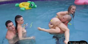 Teen besties give a wet blowjob and drilled by the pool