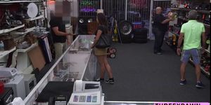 Naughty teen chick who a great ass twerks inside the pawnshop and gets fucked