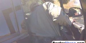 Brunette slut with small tits and tattoos by a border agent