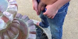 Michael Dora pulls his fat cock out and gets messy outdoors (The fountain)