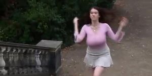 Busty girl walking no bra jiggling