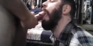 Sub sucking and feeding on his mans load