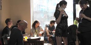 Euro beauty bangs on table in public bar (Tina Kay, Bella Beretta)