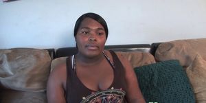 Ebony tranny sucks while jerking at casting