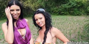 Two huge boobs Eurobabes threesome in public for money