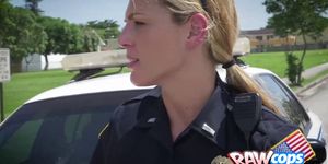 Brunette bites blonde cops HUGE NIPPLES while gets fucked