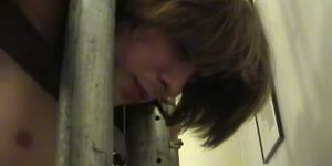Submissive stud handcuffed to wall and painfully ass fucked