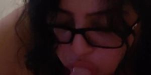 Mexican girl with glasses sucks big white dick