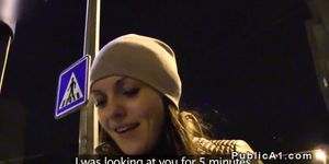 Amateur babe strips lingerie in public and fucks