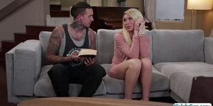 TS Aubrey Kate loves sucking and riding tattooed guy Ruckus dick in the couch