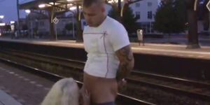 Couple fuck in public at train station (A. Train)