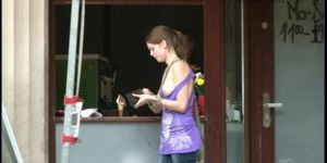 Cute girl flashes her tits on the streets and supermarket