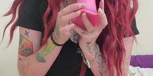 Tattooed Redhead Whore Practices Deepthroating Her Big Pink Dildo