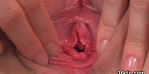 Kissable kitten is gaping pink snatch in up close and getting off