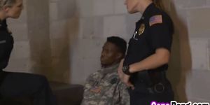 Black cocked American soldier fucking two busty female cops hard