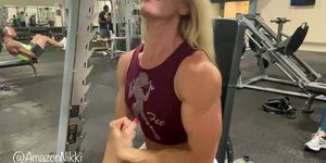 Muscular Amazon blasts shoulders in gym workout with hot white booty shorts!