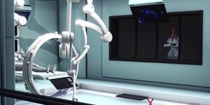Sexy sci-fi female android plays with an alien in the surgery room in the space station