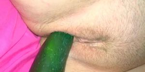 Teen Masturbates With Cucumber! Tiny Blonde Stretches Pussy