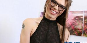 Small titties brunette tranny jerks off her huge cock