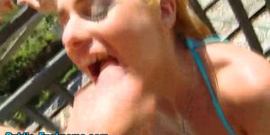 Blonde gives outdoor blowjob