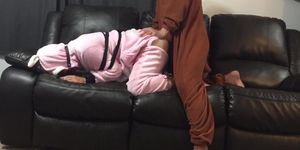 Tied up and fucked on couch in bunny onesie pajamas