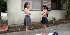 Subtitled Japanese teens strip rock paper scissors outside (Hitomi Tanaka, Ichigo Aoi)