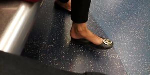 Preview - Blonde girl shoeplay and dangling on train(Candid)