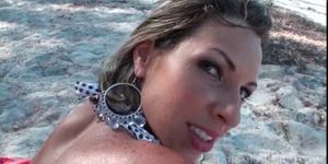 Latina in big tits humping pecker in POV style at the beach