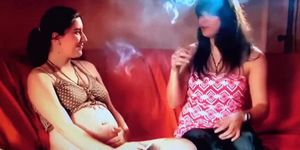 Two beautiful young babes(one pregnant) smoking sexy