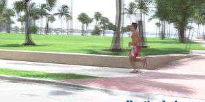 Jogging jock pickedup and banged