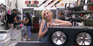 Cute blonde slut sucks cock and gets screwed in the pawnshop
