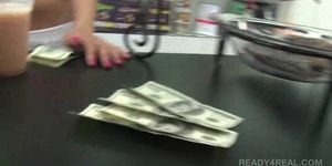 Curly brunette paid hard cash to be stripped