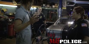 Gorgeous milf cops arrest and fuck mechanic shop owner