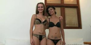 Two amateur babes doing huge dick of fake agent