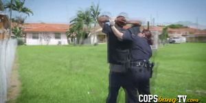 Two horny cops arrest a black dude to fuck him hard in outdoors beside the police car just for fun