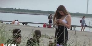 flashing group of girls at beach