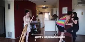 Girlfriend And Her Friend Trick Guy For Hard Ballbusting Knee On Video.