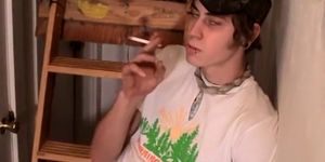 BOYS-SMOKING - Cigar smoking twink jerks off hairy cock and jizzes in tray