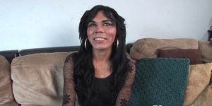TS-CASTING COUCH - Mature asian TS strokes her cock at casting