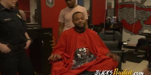 Black suspect is banging two stunning white MILFs at the barbershop