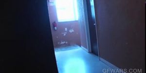 Sweet girl stripped and cunt fingered in a public bathroom