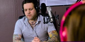 Radio show host chick gets a cock down on her throat (Dani Jensen)