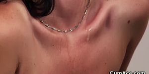 Wicked bombshell gets cum load on her face sucking all the cum