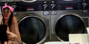 Hardcore dick and pussy pounding in a laundry shop