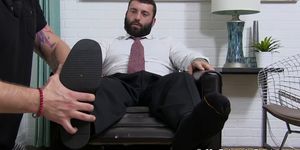 MY FRIENDS FEET - Buff business stud cums hard after having his feet worshiped