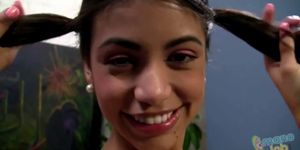 Cute smiling latina gives handjob and receives huge facial