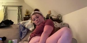 Chubby pregnant girl stretches her pussy out with huge dildo