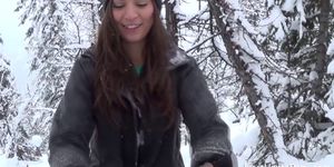 Pretty brunette snowboarder enjoys giving a blowjob